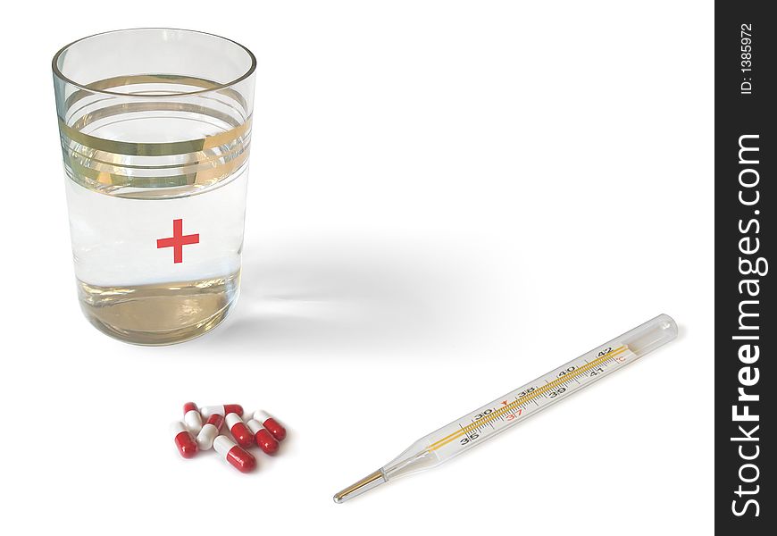 Thermometer, glass and pills - isolated