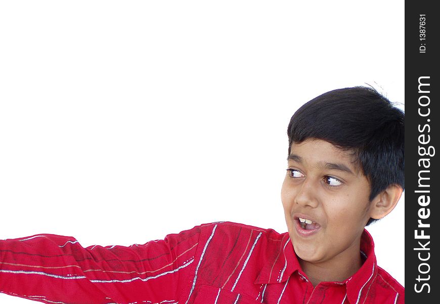 A young boy in red shirt pointing excitedly. A young boy in red shirt pointing excitedly