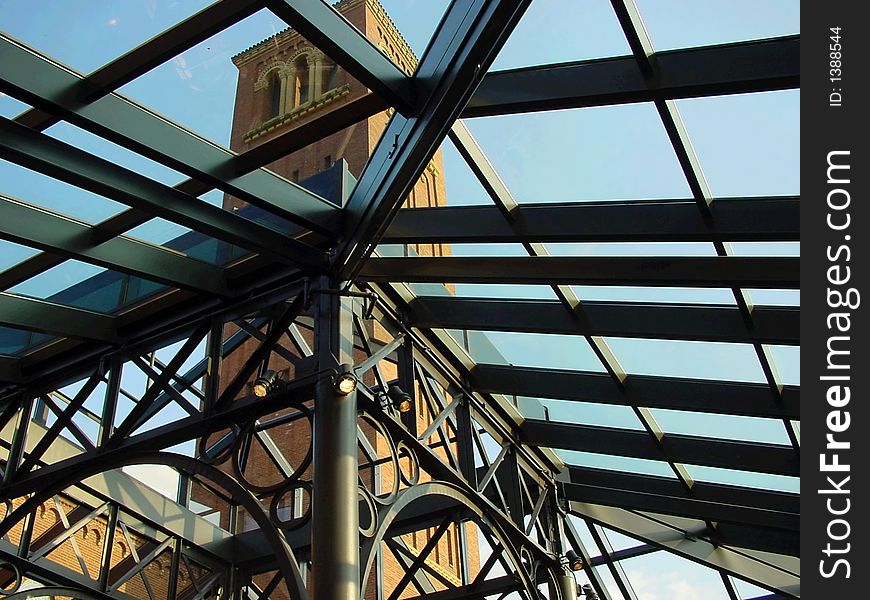 St Johns cathedral tower from the inside of a glass atrium