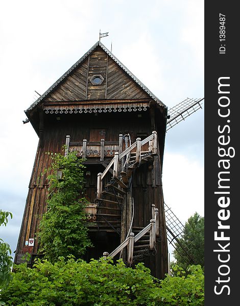 Old wooden windmill at the Wisla river