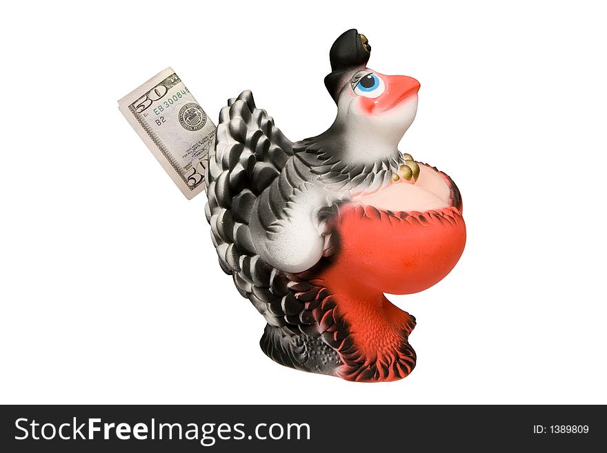 Hen-money box with fifty dollars banknote in slot,isolated on white,clipping path included