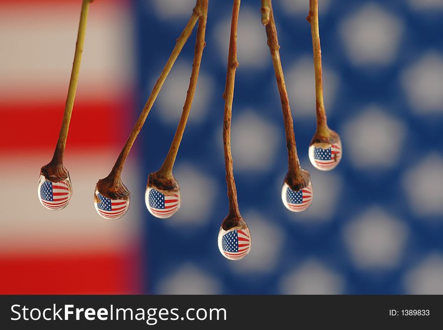 American flag reflection into drops