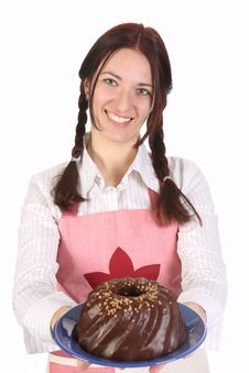 Housewife Showing Off Bundt Cake Royalty Free Stock Images