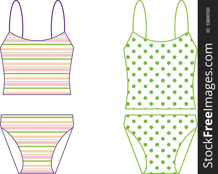 This is a  illustration of a striped and a green polka dotted bathing suit.