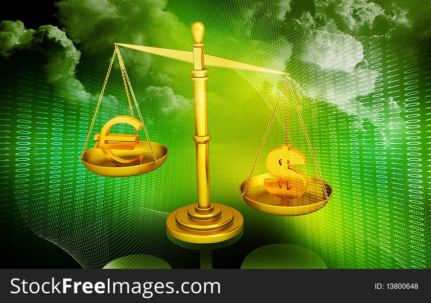 Digital illustration of balancing scale euro and dollar in color background. Digital illustration of balancing scale euro and dollar in color background