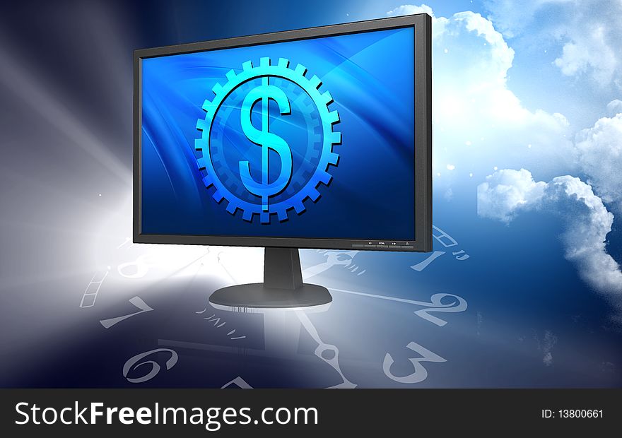 Digital illustration of tft monitor and dollar sign in color background