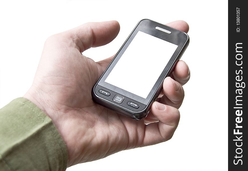 The hand holding a cell phone touchscreen. White background. White screen of the device. Isolation.