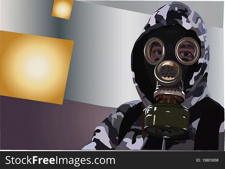 Image of man in a gas-mask on a grey background