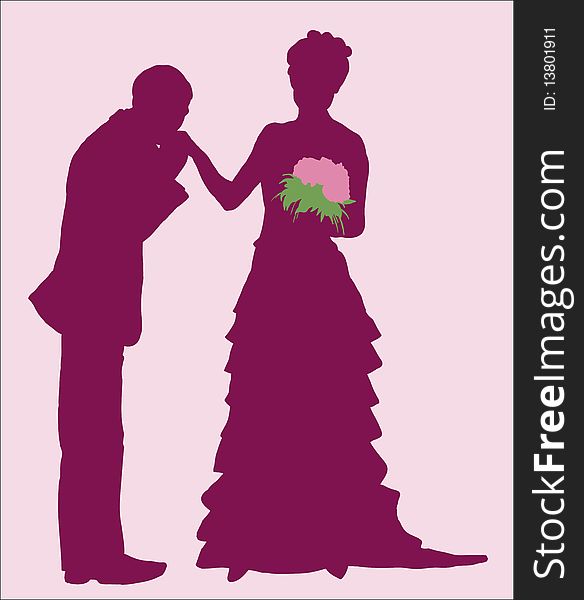 Illustration, silhouettes of the newlyweds, my husband kisses his wife's hand. Illustration, silhouettes of the newlyweds, my husband kisses his wife's hand