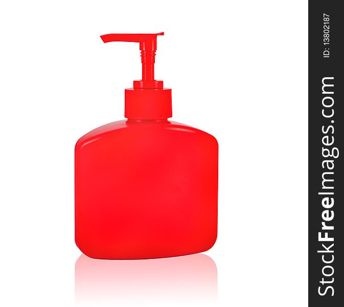 Red liquid soap dispenser. Isolated on white with mirror reflection. Clipping path included