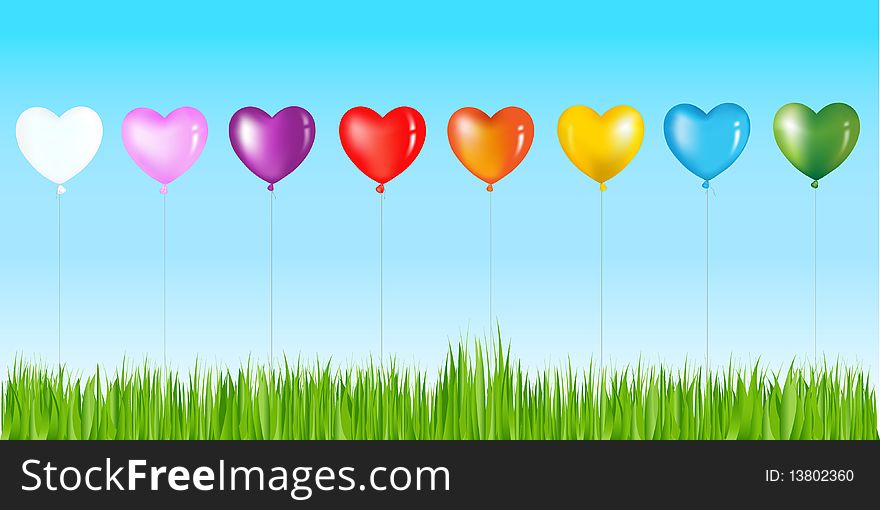Row Of Colorful Heart Shape Balloons With Golden Bow Above Grass. Row Of Colorful Heart Shape Balloons With Golden Bow Above Grass