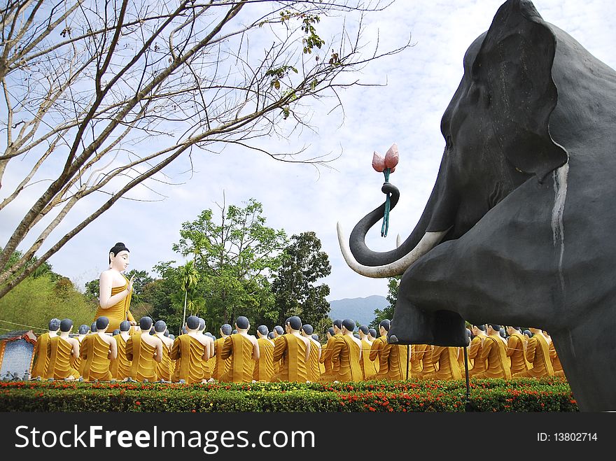 Sculpture of Buddha Teaching Monks and Animals