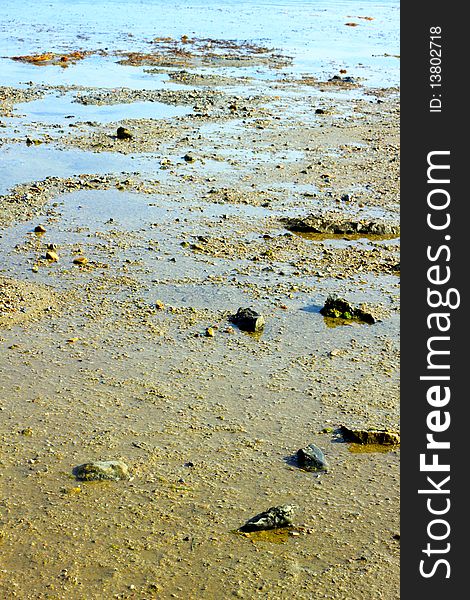 Beach with mud and stones background. Beach with mud and stones background