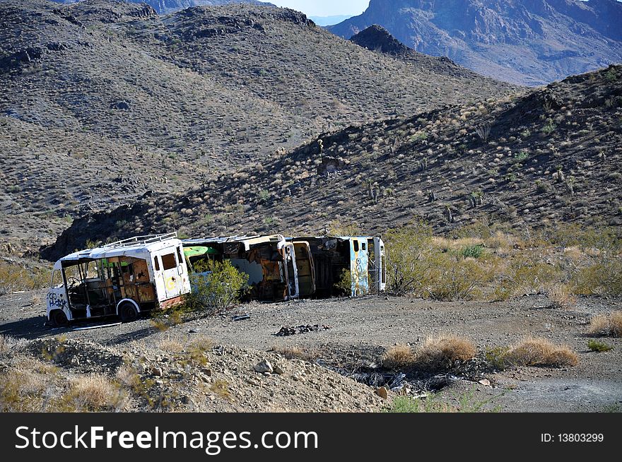 Greeting message written on old wrecks, route 66, entering California. Greeting message written on old wrecks, route 66, entering California