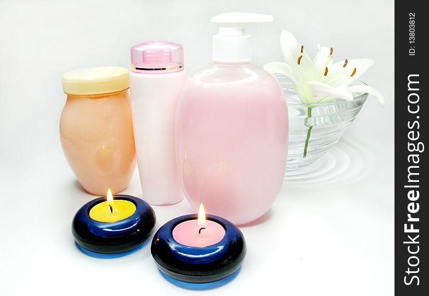 Spa hair mask creme liquid soap candles and white lily. Spa hair mask creme liquid soap candles and white lily