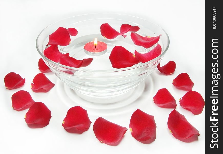 Spa lit candle red rose flower health-care treatment. Spa lit candle red rose flower health-care treatment