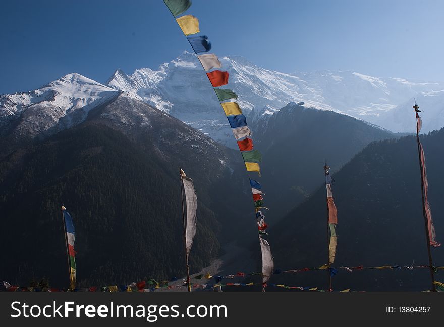Buddist Flags In Front Of Annapurna
