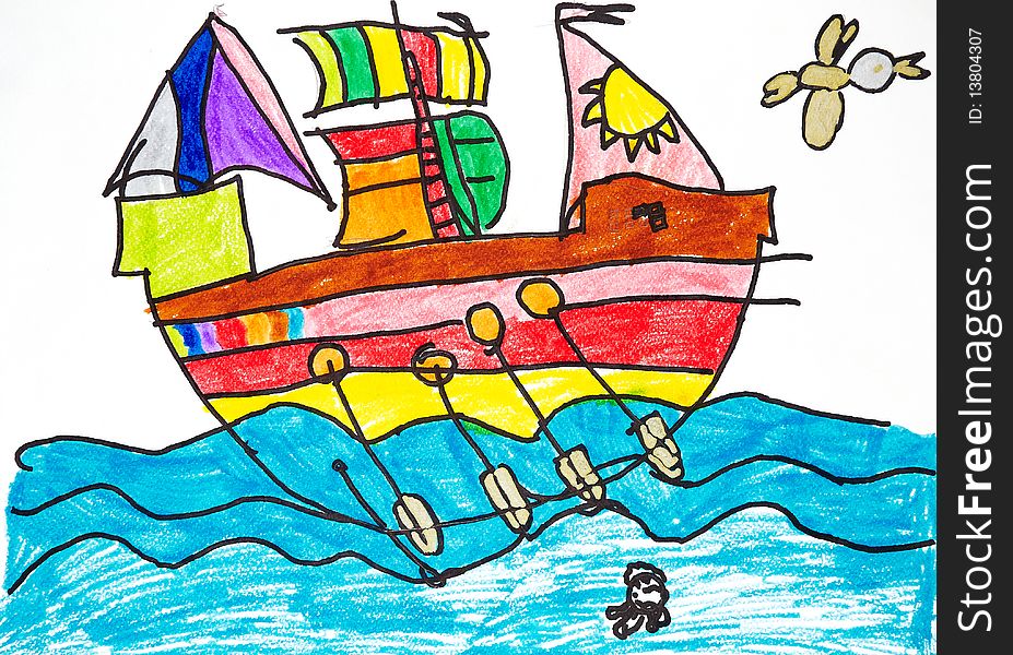 Colorful boat with oars and sails in the blue sea. Colorful boat with oars and sails in the blue sea