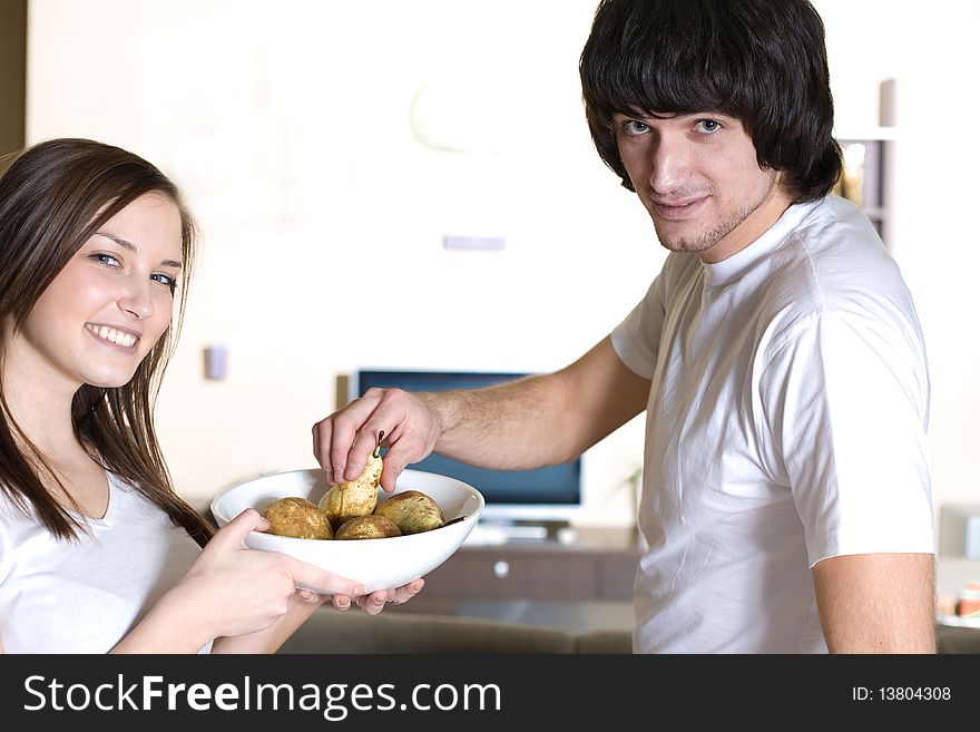 Boy and beautiful girl with smile and with plate. Boy and beautiful girl with smile and with plate