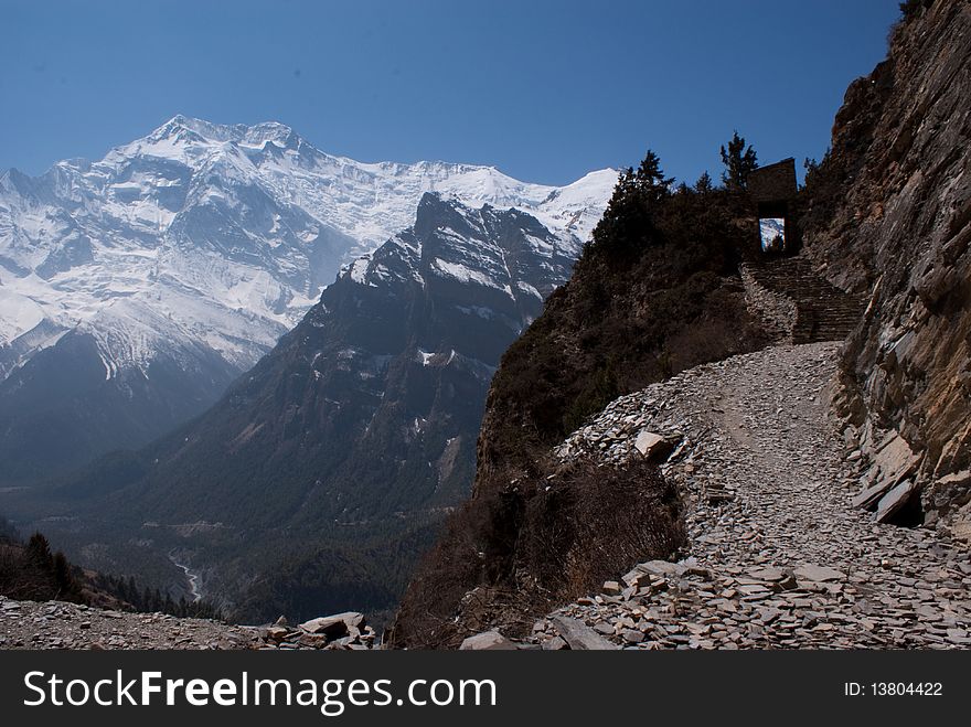 Trail to Manang area in Nepal. Trail to Manang area in Nepal.