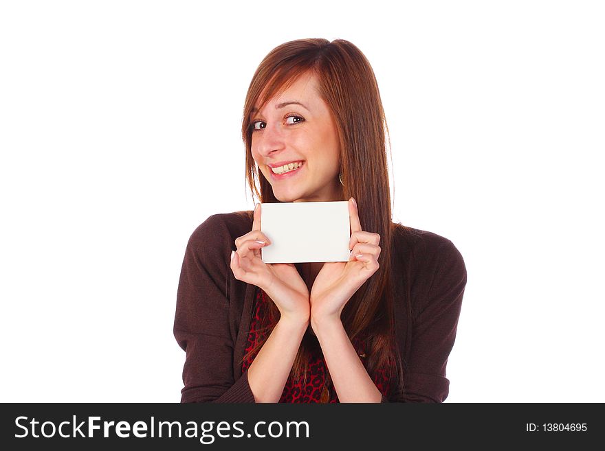 Smiling girl holding an empty business card, isolated on white. Smiling girl holding an empty business card, isolated on white