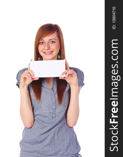 Smiling girl holding an empty card, isolated