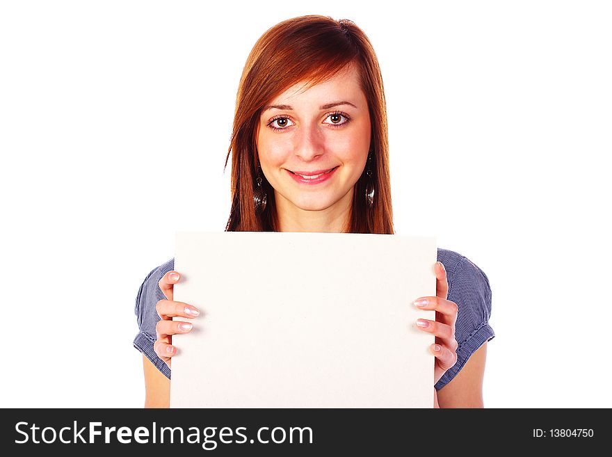 Smiling girl holding an empty board, isolated on white