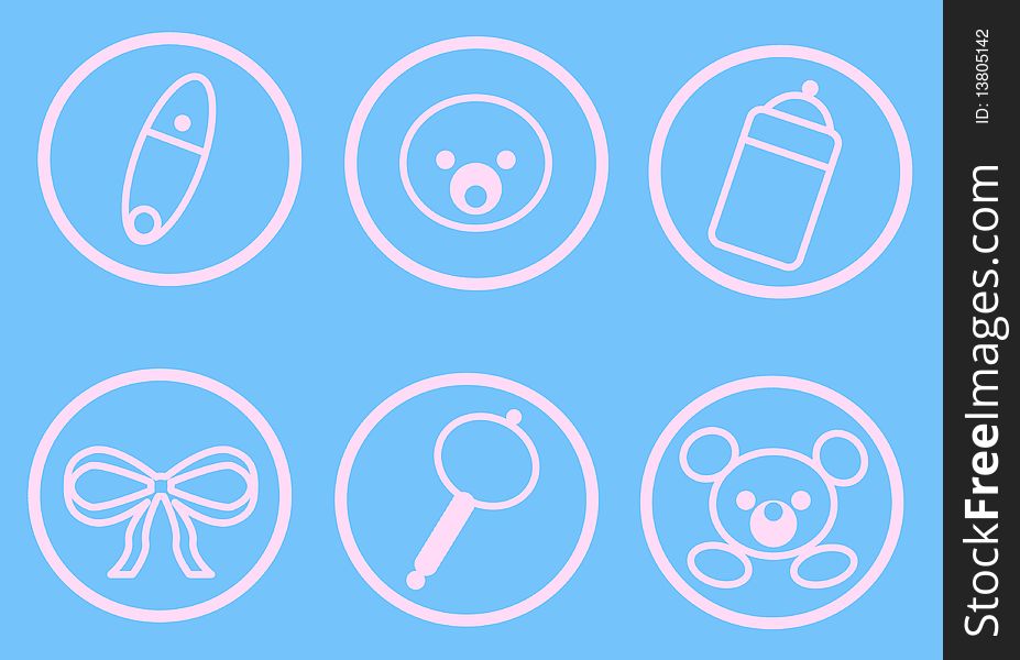 Six round and cute baby icons on a blue wallpaper. Digital drawing. Coloured picture. Six round and cute baby icons on a blue wallpaper. Digital drawing. Coloured picture.