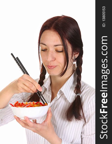 Beautiful woman eating with chopsticks, chinese food