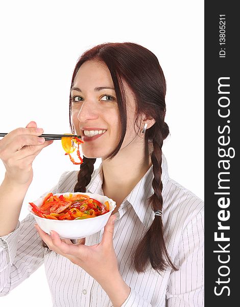 Beautiful woman eating with chopsticks