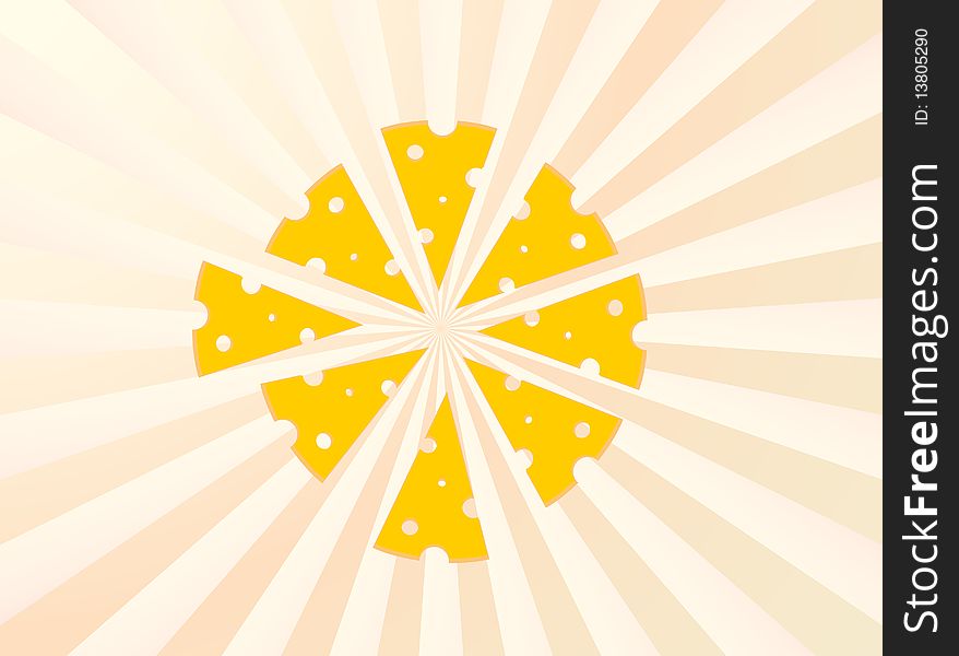 Vector cheese slices on the background of diverging rays of yellow. Vector cheese slices on the background of diverging rays of yellow