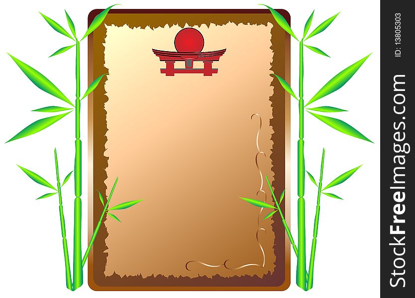 Stylized  frame with elements of Japanese design framed by a green bamboo shoots growing. Stylized  frame with elements of Japanese design framed by a green bamboo shoots growing