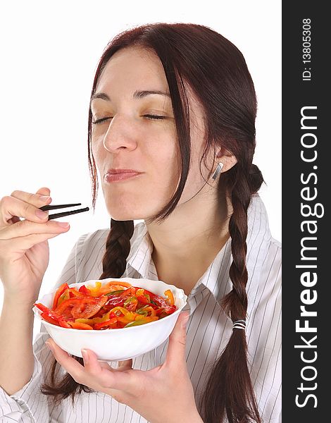 Beautiful woman eating with chopsticks, chinese food