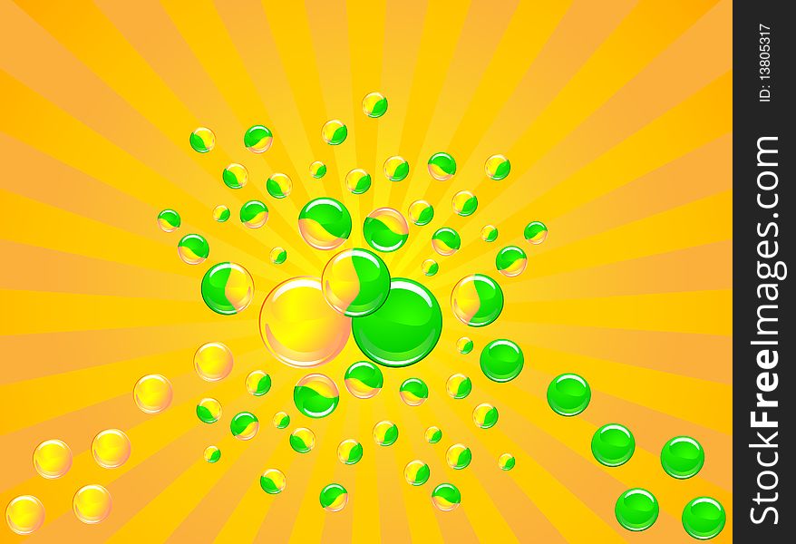 Glossy vesicles consisting of yellow and green on the background of diverging rays. Glossy vesicles consisting of yellow and green on the background of diverging rays