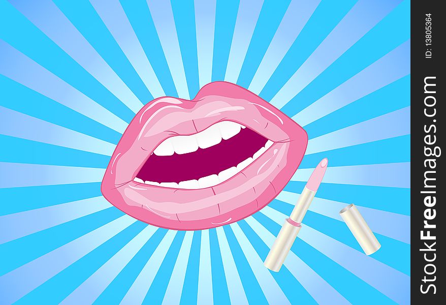 Stylized  woman's lips with an open lipstick on a background of diverging rays. Stylized  woman's lips with an open lipstick on a background of diverging rays