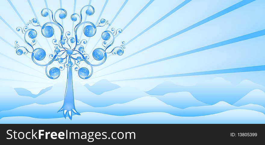 Stylized tree consisting of water curls on the background of blue mountains. Stylized tree consisting of water curls on the background of blue mountains