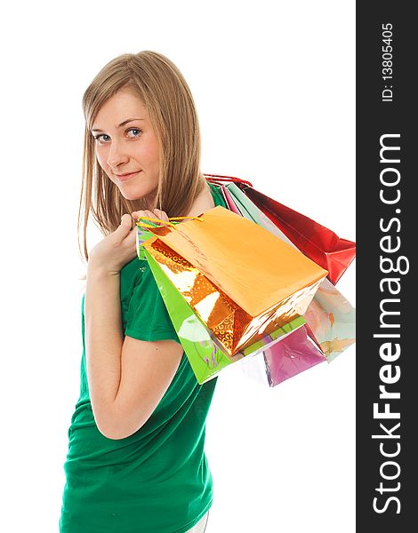 The beautiful girl with packages isolated on a white background