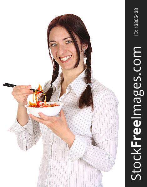 Beautiful Woman Eating With Chopsticks