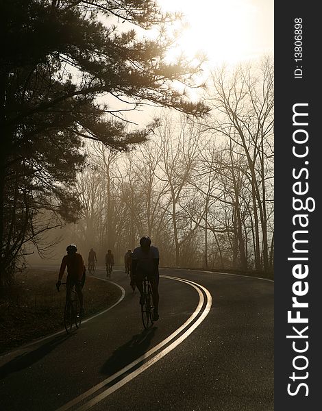 A number of cyclists riding on rural road at dawn. A number of cyclists riding on rural road at dawn.