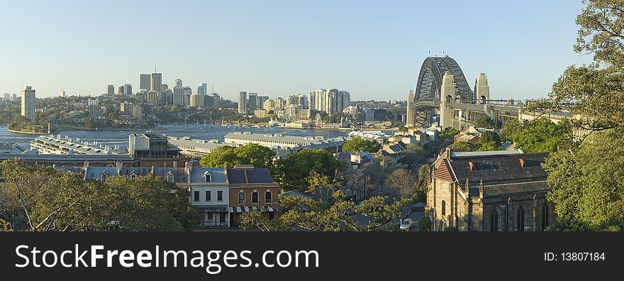 Sydney panorama taken above Walsh Bay, Harbour Bridge and North Sydney