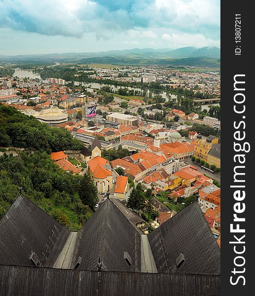 Vertical photo of Trencin city center, Slovakia. photo taken from Trencin castle