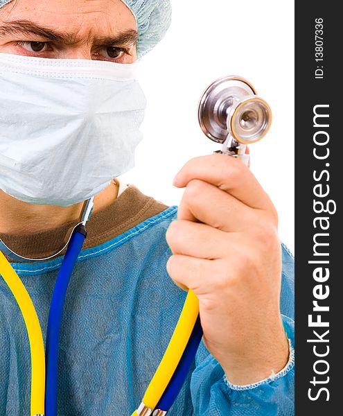 Portrait of male doctor look to the stethoscope, isolated on white background