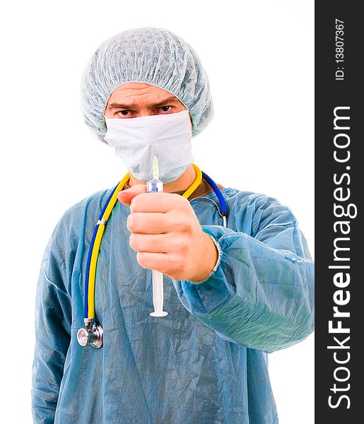 Young doctor portrait with a syringe, isolated on white