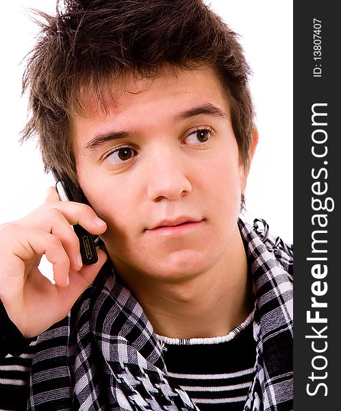 Young man on the phone, isolated on white background