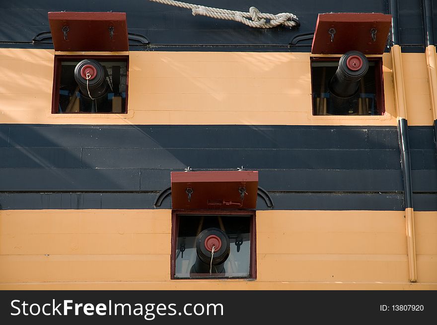 Detail of the guns on h.m.s victory 
at portsmouth in england. Detail of the guns on h.m.s victory 
at portsmouth in england