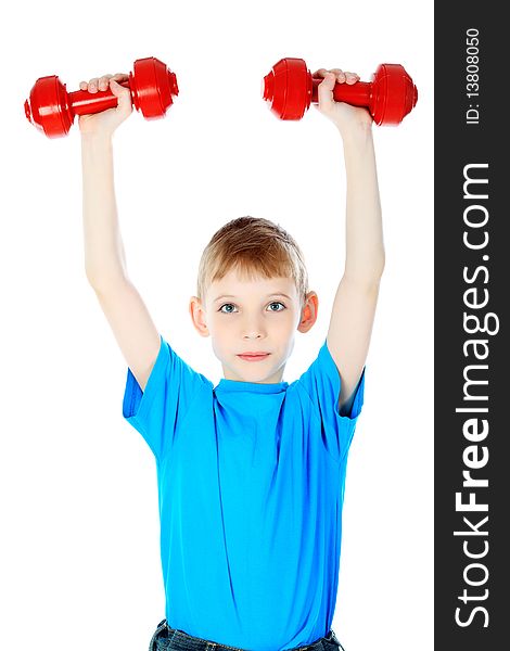 Shot of a boy with dumbbells. Isolated over white background. Shot of a boy with dumbbells. Isolated over white background.