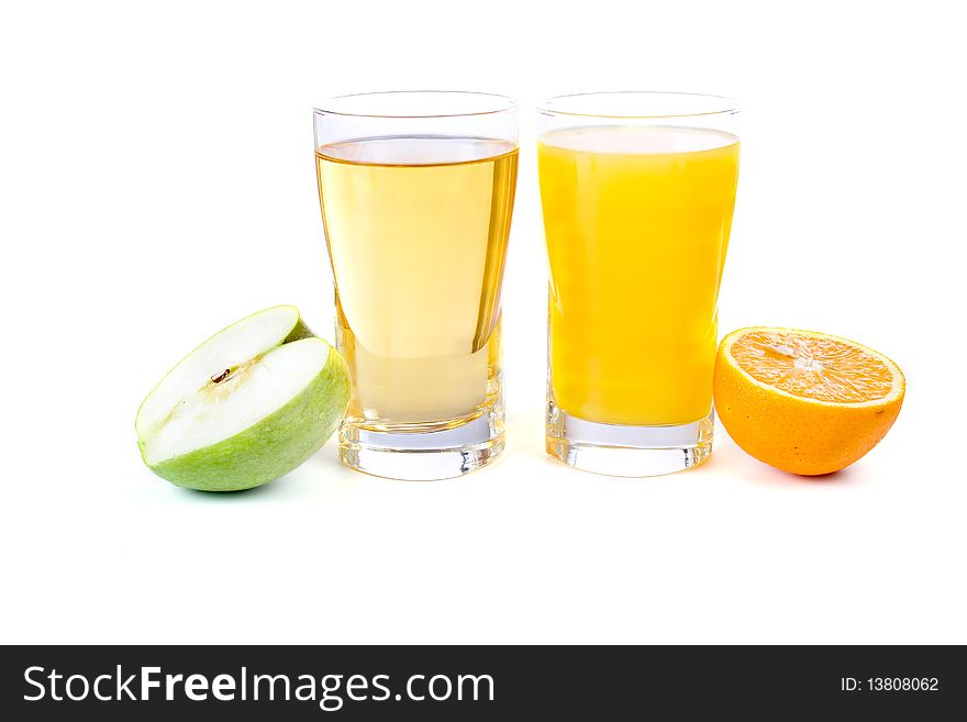 Glass of apple and orange juice isolated on a white background