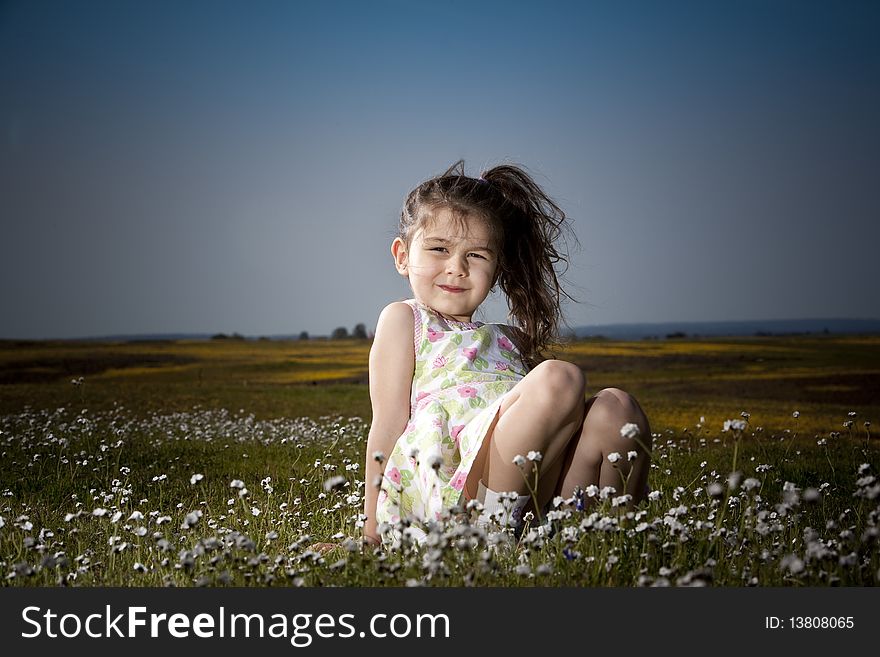 Little girl sitting in a field of white flowers. Little girl sitting in a field of white flowers