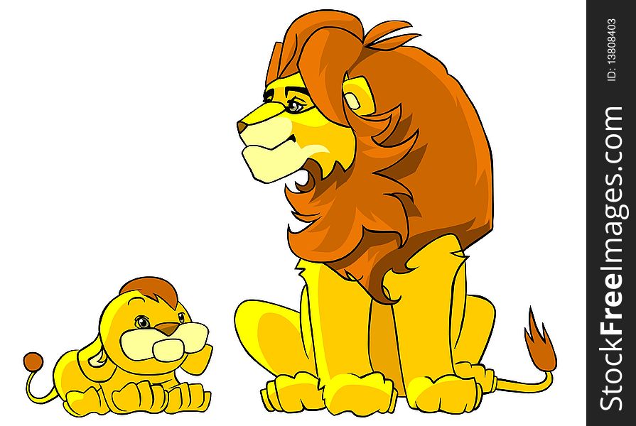 Cartoon illustration of a big lion and lion's whelp, isolated on white background. Cartoon illustration of a big lion and lion's whelp, isolated on white background.