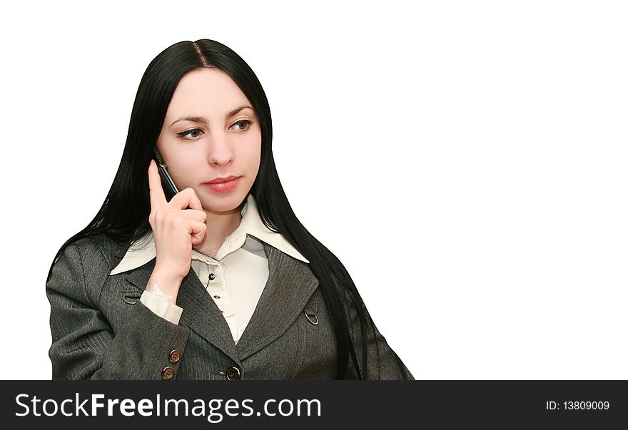 Woman Listening on the phone on white background